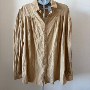 J Peterman‎ Blouse XL Brown 100% Cotton India Long Sleeve Button Front Oversized